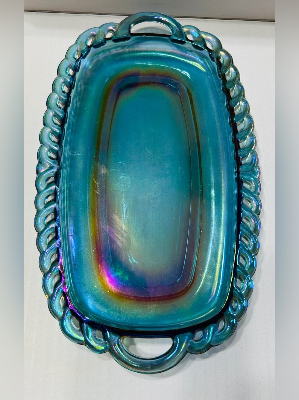 Vintage Indiana Glass trinket dish, blue iridescent carnival glass.